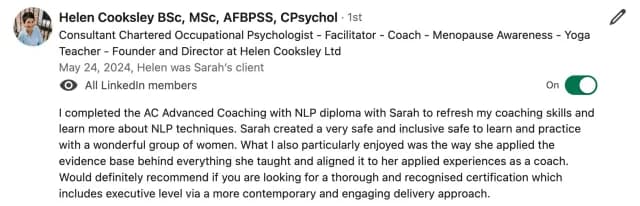 LinkedIn recommendation from Helen Cooksley, CPsychol