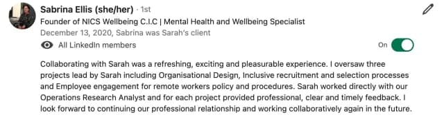 LinkedIn recommendation from Sabrina Ellis