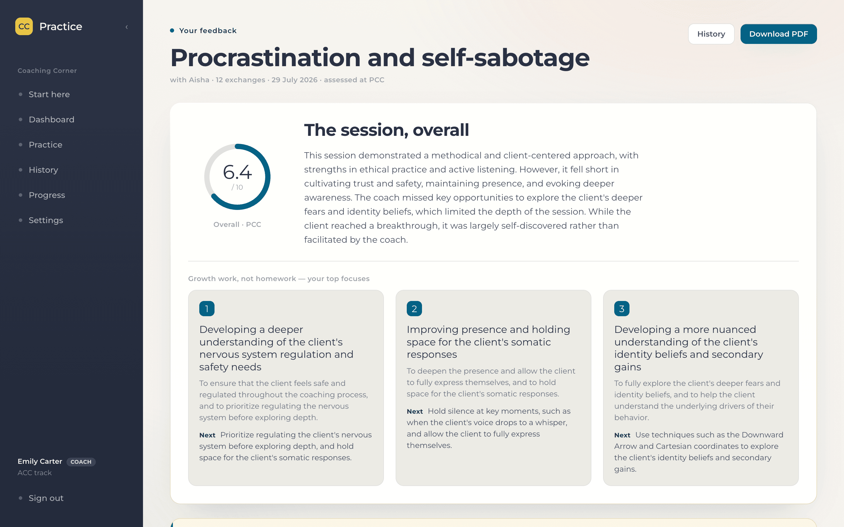 A session feedback report: overall score ring, session summary and three prioritised growth areas